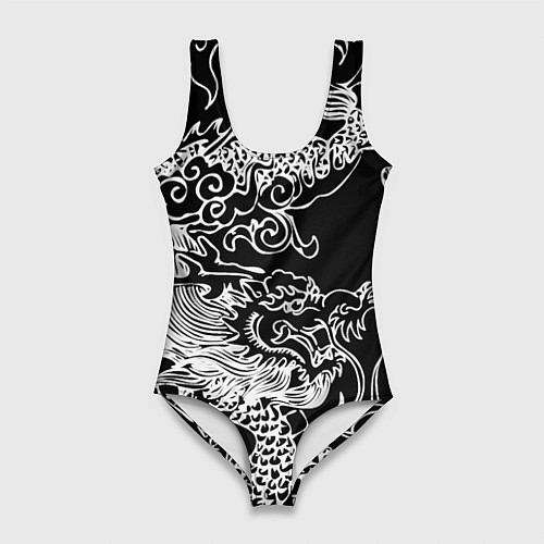 Женский купальник-боди Белый дракон на черном / 3D-принт – фото 1