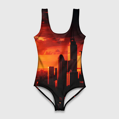 Женский купальник-боди Стилизованный город оранжевый закат / 3D-принт – фото 1