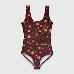 Женский купальник-боди Паттерн абстрактные цветы тёмный красно-розовый