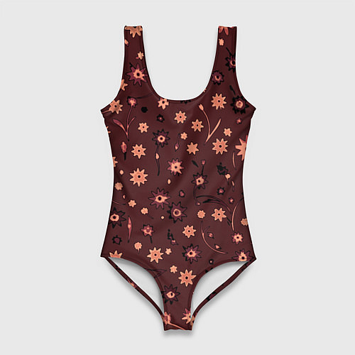 Женский купальник-боди Паттерн абстрактные цветы тёмный красно-розовый / 3D-принт – фото 1
