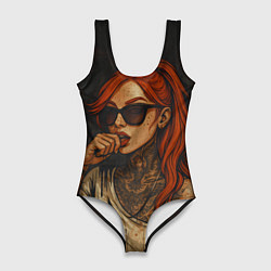 Женский купальник-боди Рыжая девушка в очках с тату