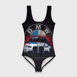 Купальник-боди 3D женский BMW на красном фоне, цвет: 3D-принт