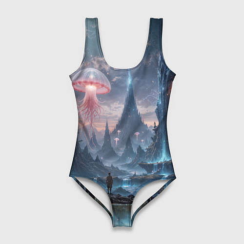 Женский купальник-боди Фантастический мир с медузами и озеро у гор / 3D-принт – фото 1