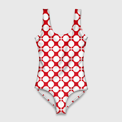 Женский купальник-боди Красно белый узор в клетку и горох / 3D-принт – фото 1