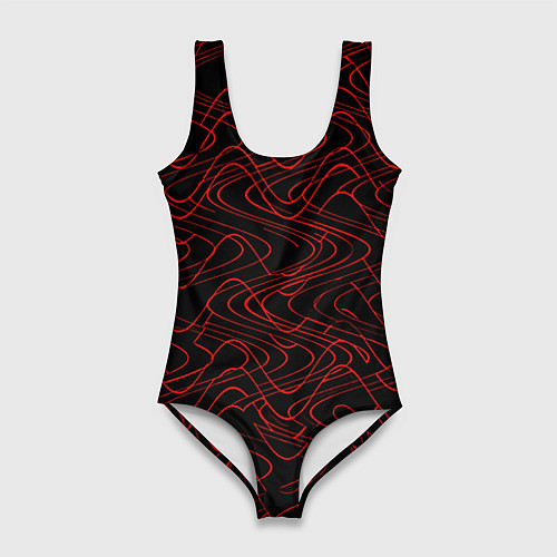 Женский купальник-боди Чёрный с красными волнистыми линиями абстракция / 3D-принт – фото 1