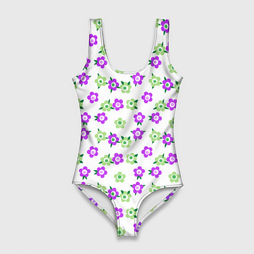 Женский купальник-боди Зеленые фиолетовые цветы на белом фоне / 3D-принт – фото 1