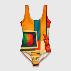 Купальник-боди 3D женский Кот и винтажный компьютер ретрофутуризм поп-арт 19, цвет: 3D-принт
