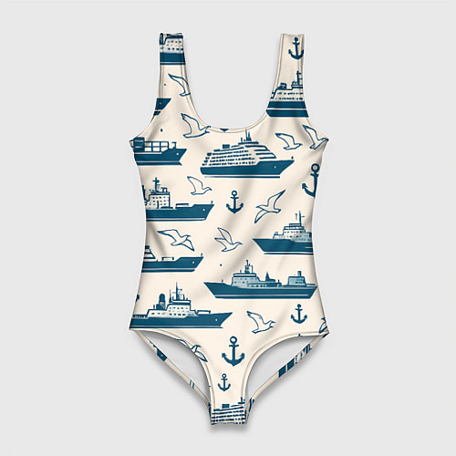 Женский купальник-боди Морской паттерн из чаек, якорей и кораблей / 3D-принт – фото 1