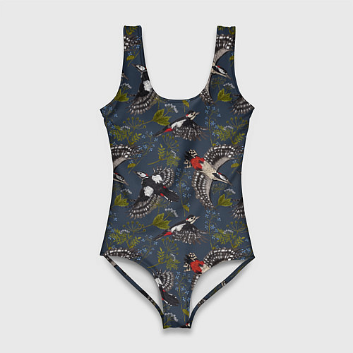 Женский купальник-боди Дятлы и цветы / 3D-принт – фото 1