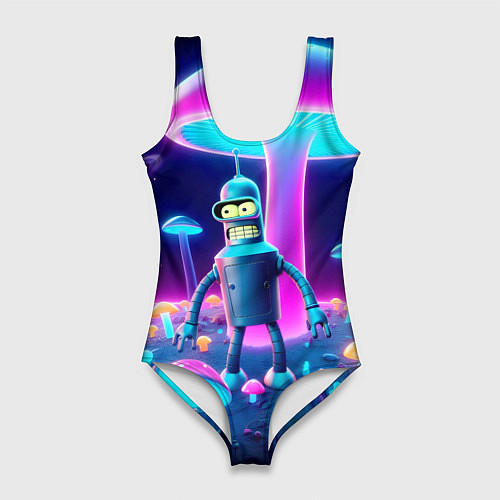 Женский купальник-боди Робот-сгибальщик Бендер на поляне неоновых грибов / 3D-принт – фото 1