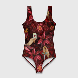 Купальник-боди 3D женский Бордовая готика с сердцем, лилиями и мотыльками, цвет: 3D-принт