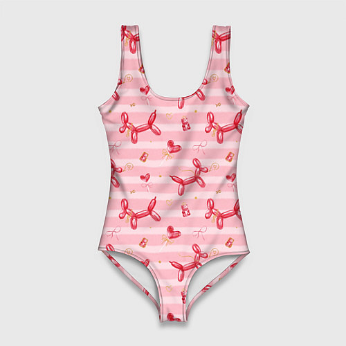 Женский купальник-боди Красные шарики-собачки на розовых полосках / 3D-принт – фото 1