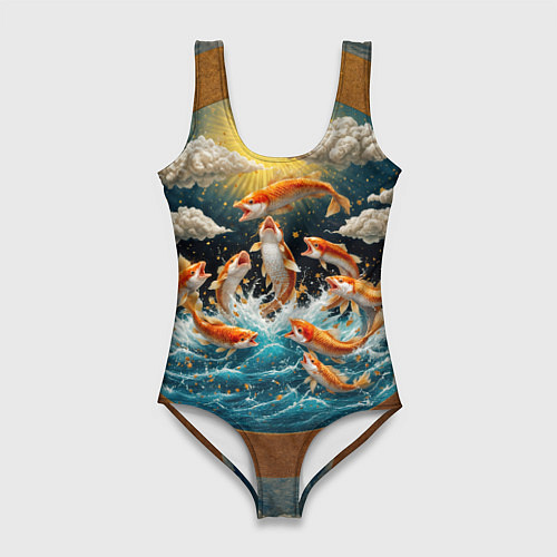 Женский купальник-боди Большие золотистые рыбы выпрыгивают из воды / 3D-принт – фото 1