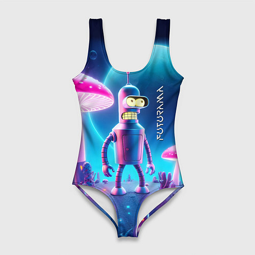 Женский купальник-боди Робот-сгибальщик Бендер и неоновые грибы / 3D-принт – фото 1