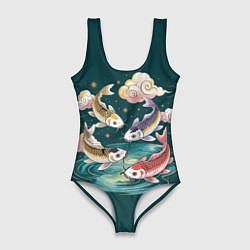 Женский купальник-боди Рыбы в облаках над прудом