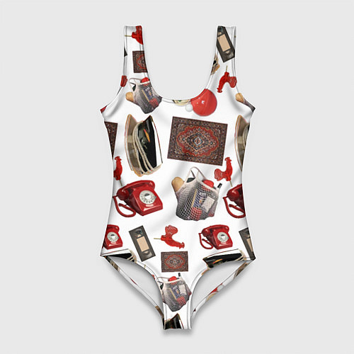 Женский купальник-боди Неваляшка утюг ретро авоська петушок телефон / 3D-принт – фото 1
