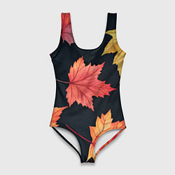 Купальник-боди 3D женский Кленовые листья на черном - акварельный паттерн, цвет: 3D-принт