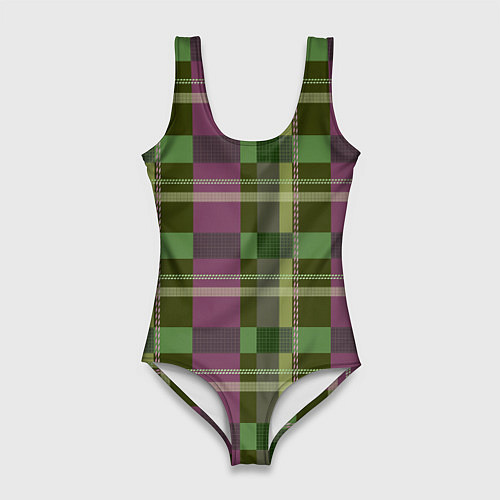 Женский купальник-боди Сливово-зелёная клетка / 3D-принт – фото 1
