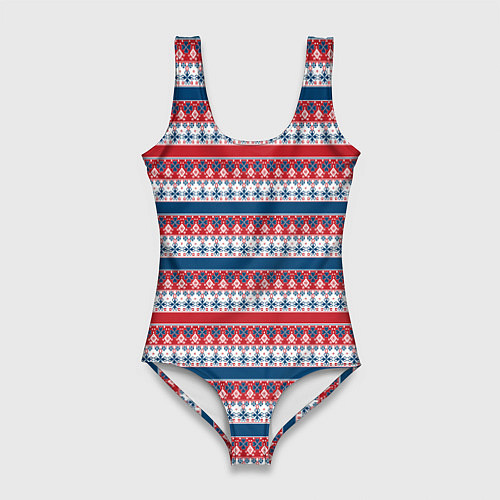 Женский купальник-боди Скандинавский красно синий новогодний орнамент / 3D-принт – фото 1