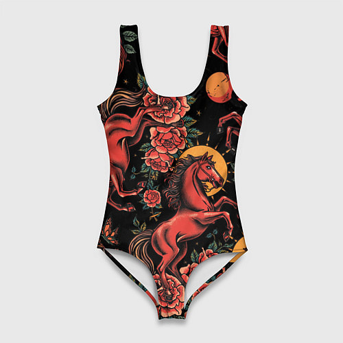 Женский купальник-боди Красная лошадь с розами / 3D-принт – фото 1