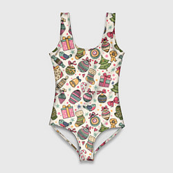 Купальник-боди 3D женский Новогодний паттерн, цвет: 3D-принт