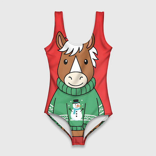 Женский купальник-боди Новогодняя лошадка в зеленом свитере / 3D-принт – фото 1