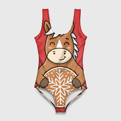 Купальник-боди 3D женский Новогодняя лошадка с печенькой, цвет: 3D-принт