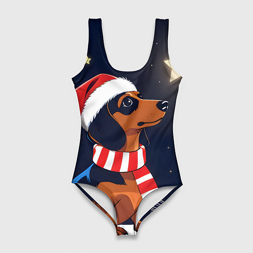 Женский купальник-боди Новогодняя такса и звезды / 3D-принт – фото 1