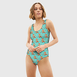 Купальник-боди 3D женский Лисица среди листьев и цветов паттерн, цвет: 3D-принт — фото 2