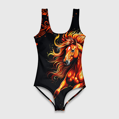 Женский купальник-боди Огненный конь в русской хохломе / 3D-принт – фото 1