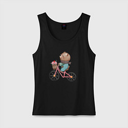 Майка женская хлопок Медведь с цветами на велосипеде, цвет: черный