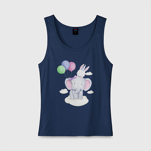 Женская майка Милый Слонёнок и Крольчонок На Облаке / Тёмно-синий – фото 1