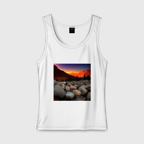 Женская майка Горный пейзаж в закате солнца, каменная река / Белый – фото 1