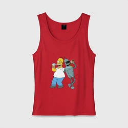 Майка женская хлопок Drunk Homer and Bender, цвет: красный