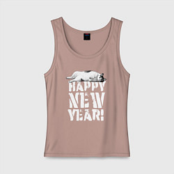 Майка женская хлопок Happy new year - кошечка, цвет: пыльно-розовый