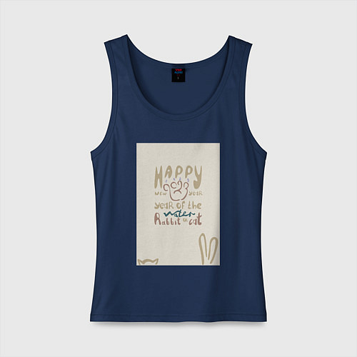 Женская майка Леттеринг с новым 2023 годом годом кота или кролик / Тёмно-синий – фото 1