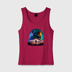 Майка женская хлопок Киборг и космический пейзаж, цвет: маджента
