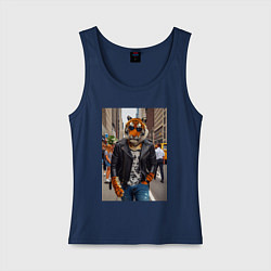 Майка женская хлопок Cool tiger on the streets of New York - ai art, цвет: тёмно-синий