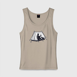 Майка женская хлопок Поход с котом, цвет: миндальный