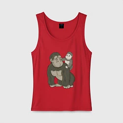 Майка женская хлопок Мультяшная горилла с детенышем, цвет: красный