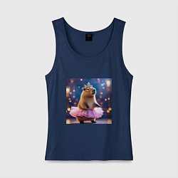 Майка женская хлопок Мем капибара балерина в розовой юбочке и короне, цвет: тёмно-синий