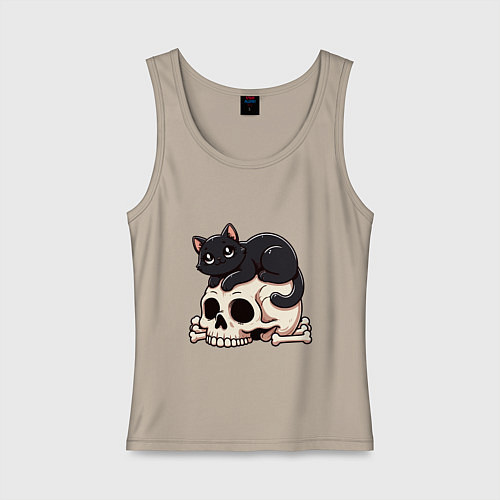 Женская майка Черный кот лежит на черепе / Миндальный – фото 1