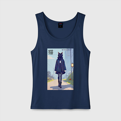 Женская майка Чёрная кошечка на своём районе - нейросеть / Тёмно-синий – фото 1