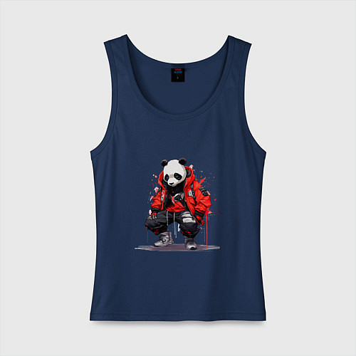 Женская майка Модная панда в красной куртке / Тёмно-синий – фото 1