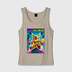 Майка женская хлопок Happy halloween - terrible Pikachu, цвет: миндальный