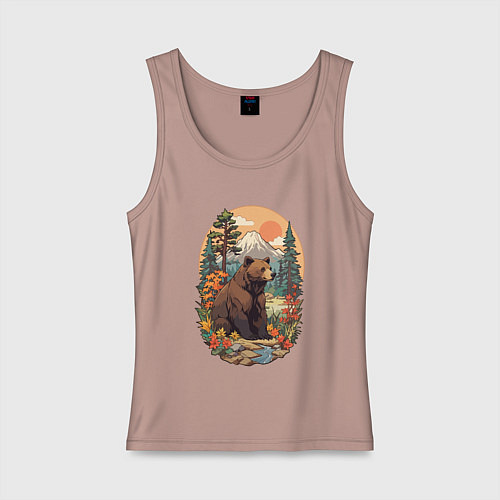 Женская майка Медведь в лесу на фоне гор / Пыльно-розовый – фото 1