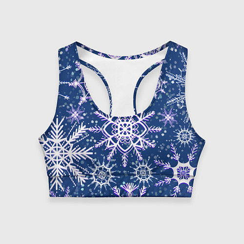 Женский спортивный топ Белые снежинки на темно-синем фоне / 3D-принт – фото 1