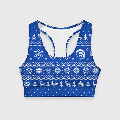 Женский спортивный топ НОВОГОДНИЙ СВИТЕР GENSHIN IMPACT СИНИЙ / 3D-принт – фото 1