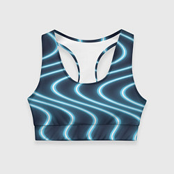 Топик спортивный женский Неоновый свет Волны голубые на темном фоне, цвет: 3D-принт
