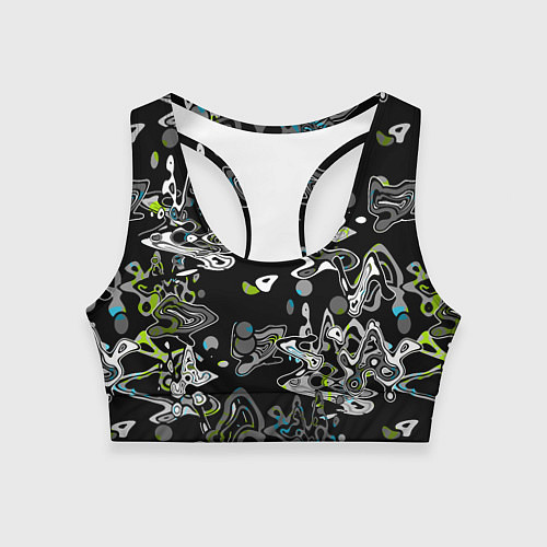 Женский спортивный топ Черно-белый с синими вкраплениями абстрактный узор / 3D-принт – фото 1